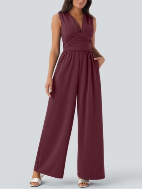 HALARA Pants - HALARA Sleeveless V-Neck Wide-Leg Ruched Pocket Jumpsuit Zinfandel Burgundy Easy